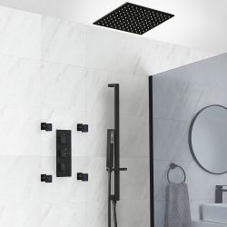 Duschsystem mit Unterputz-Thermostat - inkl. 400mm x 400mm Unterputz-Duschkopf, Brausestangenset und Körperdüsen - Schwarz - Preto