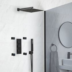Duschsystem mit Unterputz-Thermostat - inkl. 300mm x 300mm Duschkopf, Handbrauseset und Körperdüsen - Schwarz - Preto