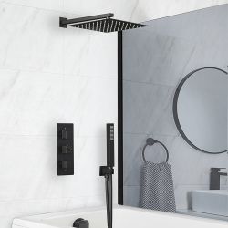 Duschsystem mit Unterputz-Thermostat - inkl. 300mm x 300mm Duschkopf, Handbrauseset und Überlauf-Wanneneinlauf - Schwarz - Preto