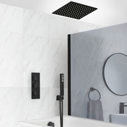 Duschsystem mit Unterputz-Thermostat - inkl. 400mm x 400mm Unterputz-Duschkopf, Handbrauseset und Überlauf-Wanneneinlauf - Schwarz - Preto