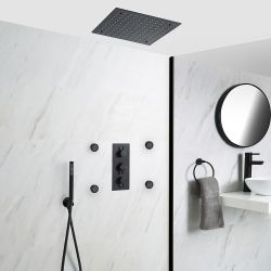 Unterputz Duschsystem mit Thermostat - mit 400x400mm Unterputz Duschkopf, Handbrauseset und Körperdüsen - Schwarz