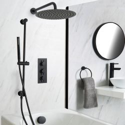 Dusch- und Badesystem mit Thermostat - mit 300mm rundem Wand-Duschkopf, Überlauf-Wanneneinlauf und Brausestangenset - Schwarz - Nox