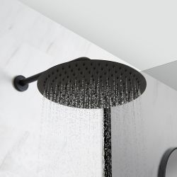 Dusch- und Badesystem mit Thermostat - mit 300mm rundem Wand-Duschkopf, Überlauf-Wanneneinlauf und Brausestangenset - Schwarz - Nox