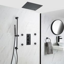 Unterputz Duschsystem mit Thermostat - 400mm x 400mm Unterputz-Duschkopf, Körperdüsen und Brausestangenset - Schwarz - Nox