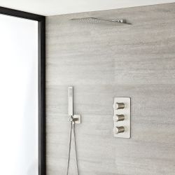 Harting Thermostatarmatur, Wasserfall-Regen-Duschkopf und eckige Handbrause - Gebürstetes Nickel