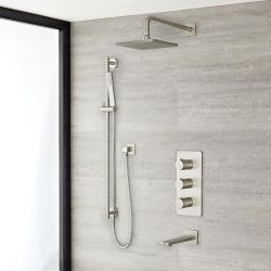 Harting 3-Wege Duscharmatur mit 200x200mm Kopf, Brausegarnitur & Wanneneinlauf - Gebürstetes Nickel