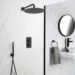 Unterputz Duschsystem mit Thermostat - mit 300mm rundem Wand-Duschkopf und Handbrauseset - Schwarz - Nox