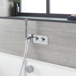 2-Wege Thermostat-Armatur mit Umsteller, Wannenfüll-Überlaufgarnitur und Handbrause, Chrom – Como