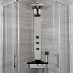 Duschpaneel mit Regal und Thermostat, Eckmontage – mit Duschkopf, Handbrauseset und Körperdüsen – Chrom/Schwarz - Earby
