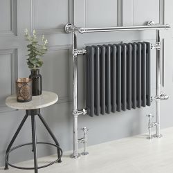 Retro-Badheizkörper mit Handtuchstange, Mischbetrieb - 930mm x 790mm, WLAN-Thermostat und Kabelabdeckung wählbar – Chrom/Anthrazit – Elizabeth