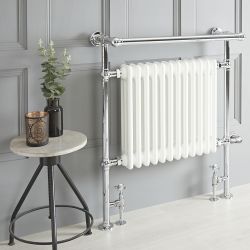 Retro-Badheizkörper mit Handtuchstange, Mischbetrieb - 930mm x 790mm, WLAN-Thermostat und Kabelabdeckung wählbar – Chrom/Weiß – Elizabeth