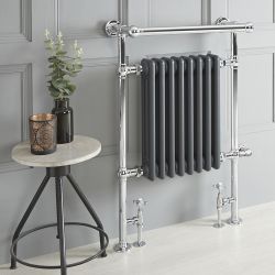 Retro-Badheizkörper mit Handtuchstange, Mischbetrieb - 930mm x 620mm, WLAN-Thermostat und Kabelabdeckung wählbar – Chrom/Anthrazit – Elizabeth