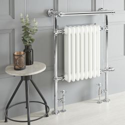 Retro-Badheizkörper mit Handtuchstange, Mischbetrieb - 930mm x 620mm, WLAN-Thermostat und Kabelabdeckung wählbar – Chrom/Weiß – Elizabeth