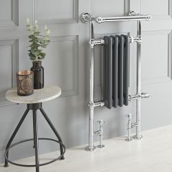 Retro-Badheizkörper mit Handtuchstange, Mischbetrieb - 930mm x 450mm, WLAN-Thermostat und Kabelabdeckung wählbar – Chrom/Anthrazit – Elizabeth