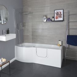 Begehbare Badewanne mit Duschzone, 1675mm x 850mm – inkl. Badewannenaufsatz, Seiten- & Endverkleidung – links- oder rechtsbündig – Merso