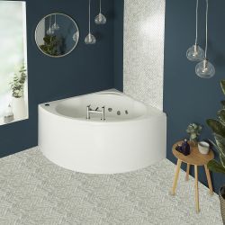 Whirlpool-Eckbadewanne, 1200mm x 1200mm, mit Schürze, Weiß – Massagedüsen wählbar – Belstone
