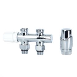 Hahnblock Heizkörperventil Gerade Thermostatisch Chrom inkl. Multiadapter für 15mm Kupferrohre im Set