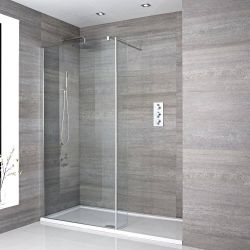 Walk-In Duschwand, Chrom, für Nische - inkl. weißer Duschwanne mit niedrigem Profil – Größe und Seitenpaneel wählbar – Portland