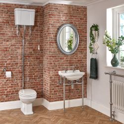 Badezimmerset Retro – WC mit hohem Spülkasten und Waschbecken mit Metallgestell – Richmond