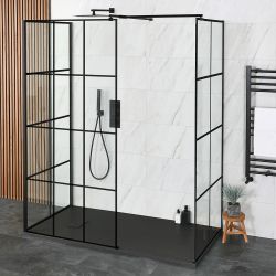Walk-In Dusche mit 3 Seiten, Schwarz, inkl. Duschtasse in Schieferoptik, Größe und Farbe wählbar - Barq