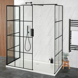 Walk-In Dusche mit 3 Seiten, Schwarz, inkl. Duschtasse in Weiß, Größe wählbar - Barq