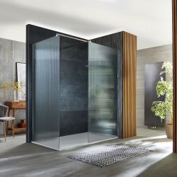 Walk-In Dusche mit geriffeltem Glas | Chrom, Eckeinbau - inkl. Duschwanne mit Schiefer-Effekt (Finish wählbar) – Größe wählbar - Florence