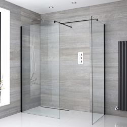 Walk-In Dusche, Schwarz, für Eckeinbau - Breite und Duschrinne wählbar – Nox