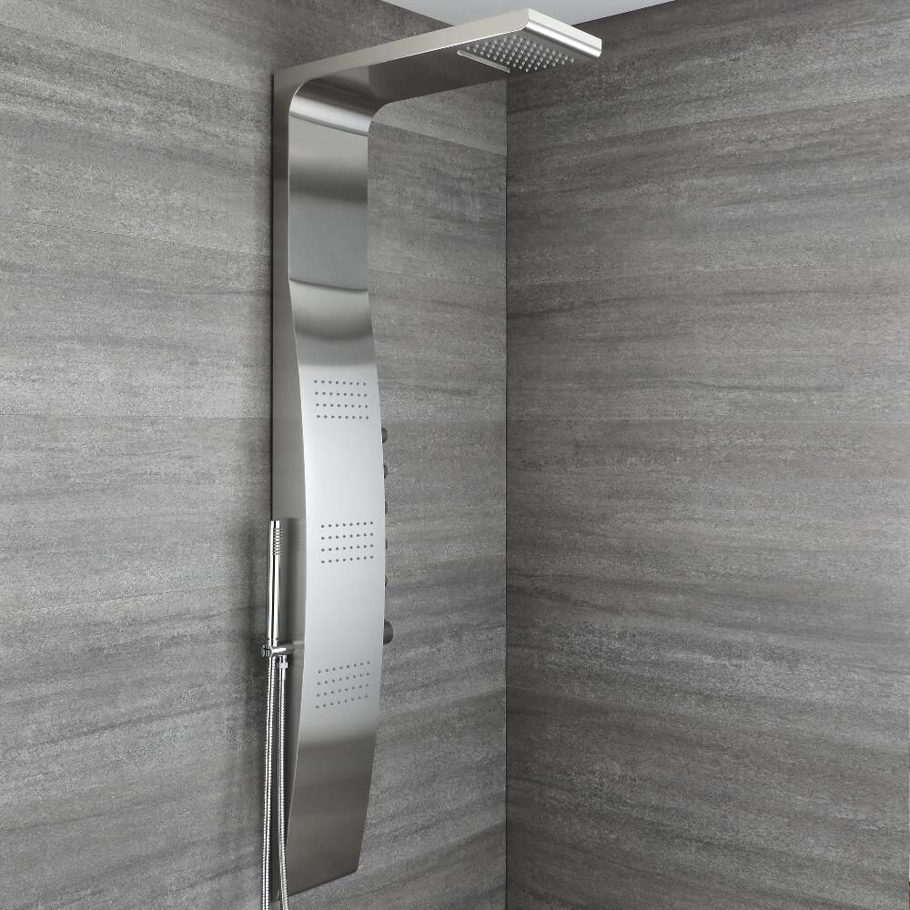 Duschpaneel mit Thermostat - mit Regen/Wasserfall-Duschkopf, Handbrause und Körperdüsen - Chrom -  Select