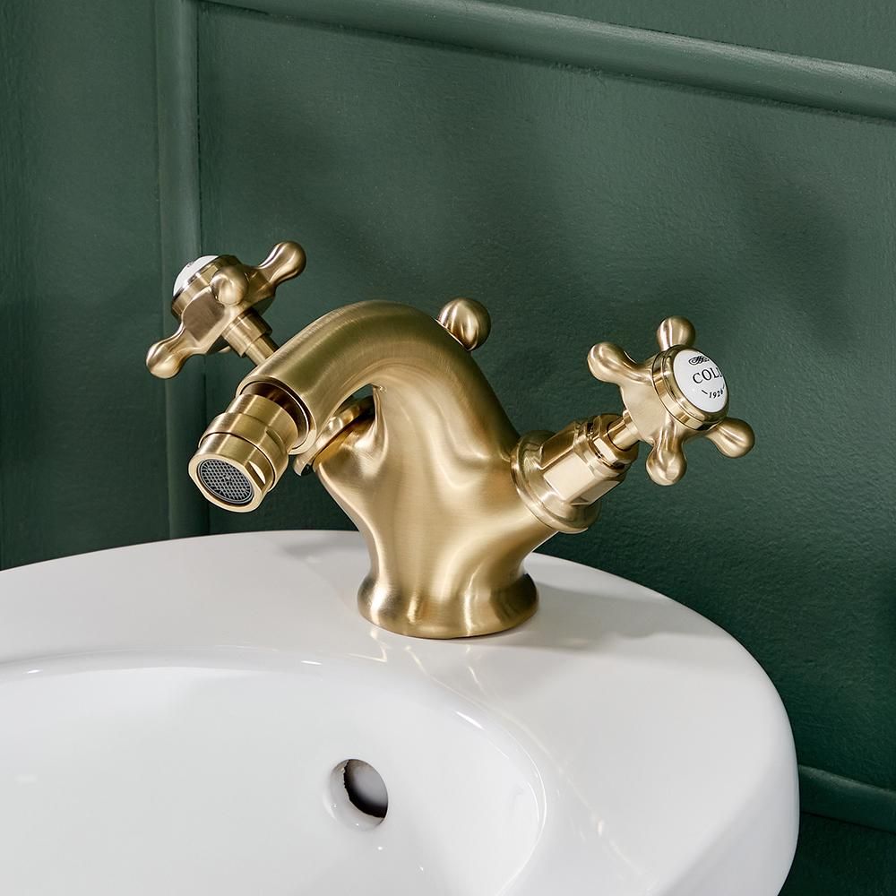 Hudson Reed Elizabeth - Bidet Armatur mit Zugstangen-Ablaufgarnitur & Kreuzgriffen - satiniertes Gold