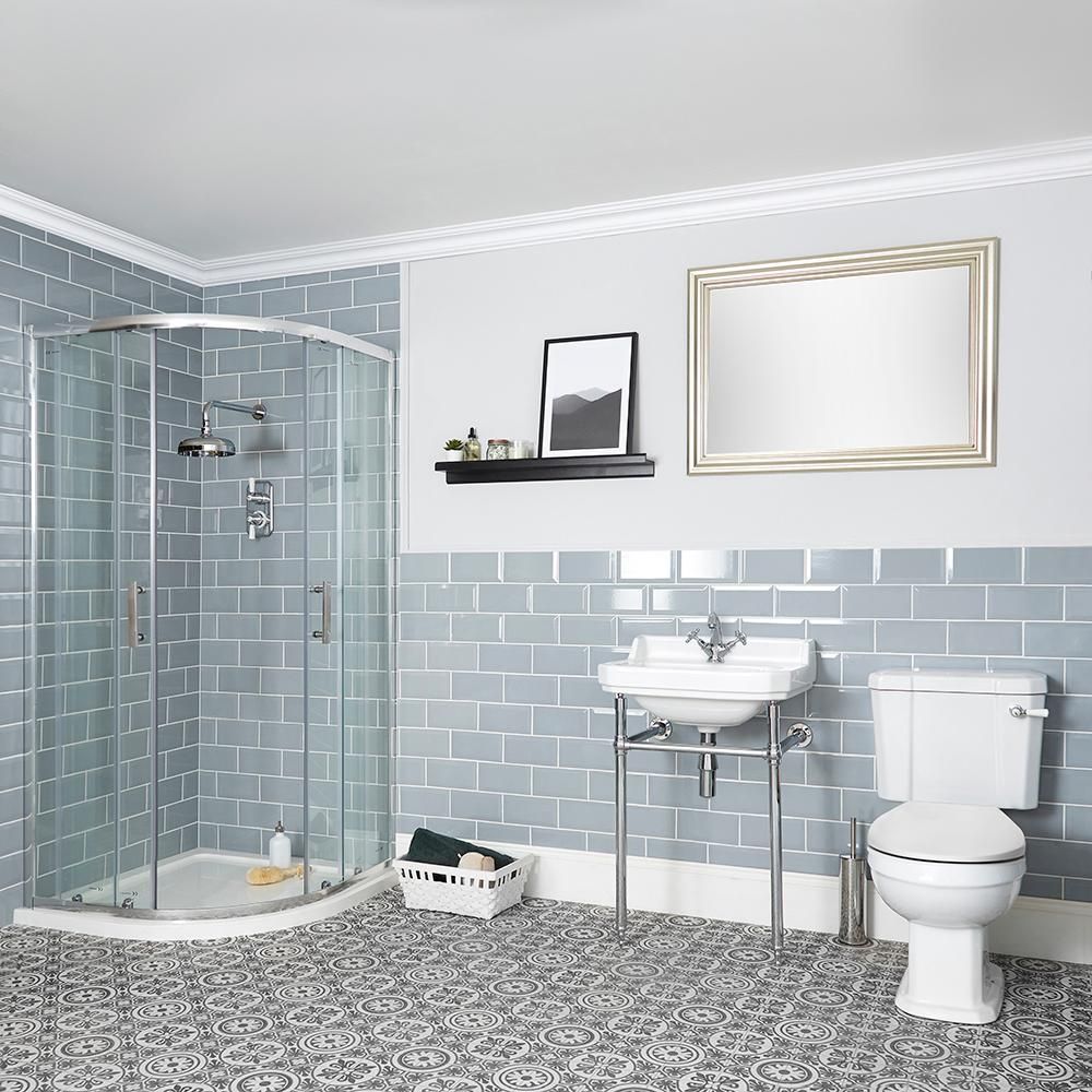 Nostalgie Bad Komplettset - Viertelkreis-Dusche, Stand-WC und Waschtisch mit Metallgestell – Richmond