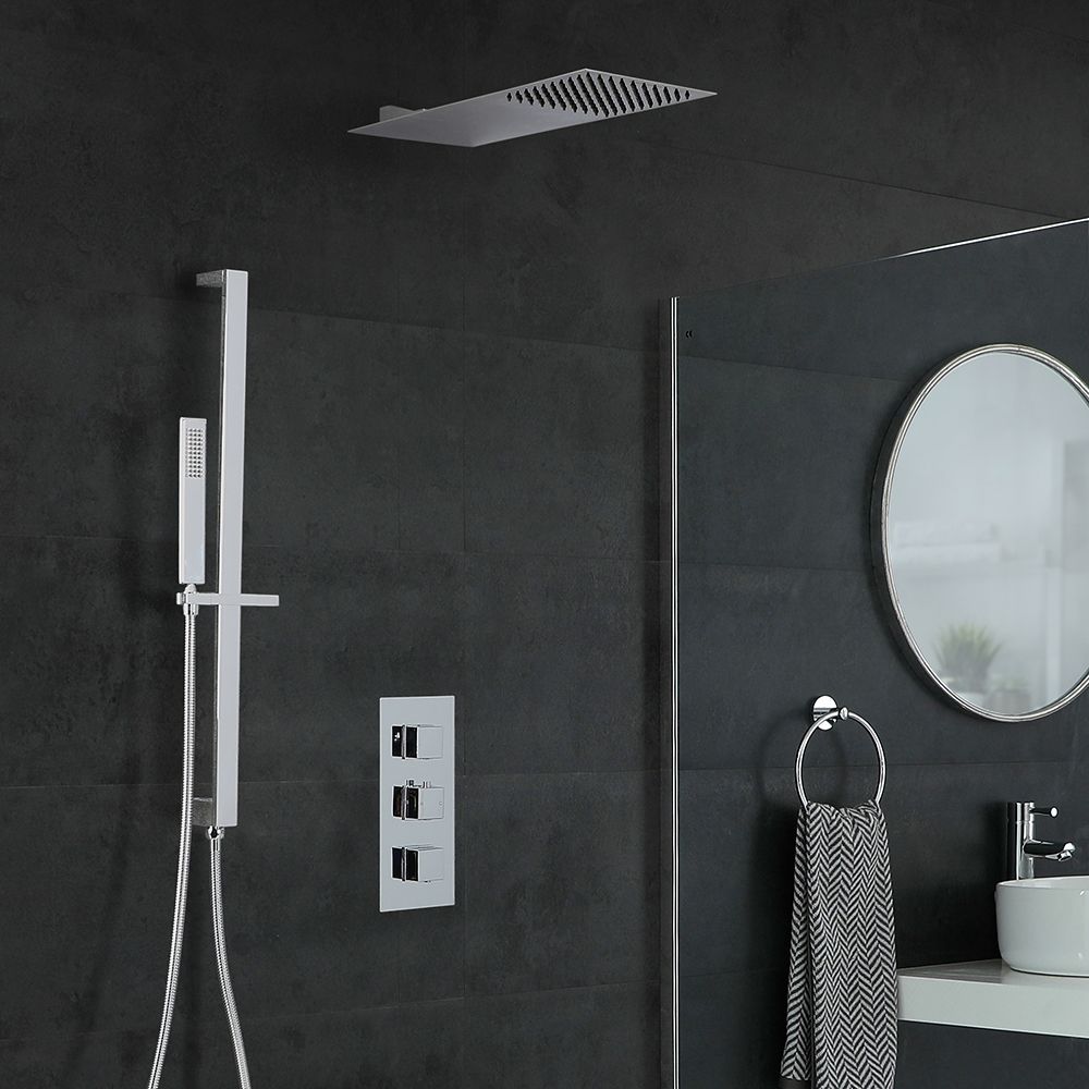 Eckiges Dusch-Thermostat mit flachem Wand-Duschkopf und Brausestangenset, Chrom - Kubix