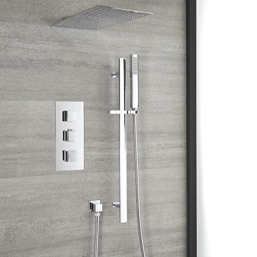 Unterputz-Duschsystem mit Thermostat – mit Wand-Duschkopf und Brausestangenset – Chrom – Kubix