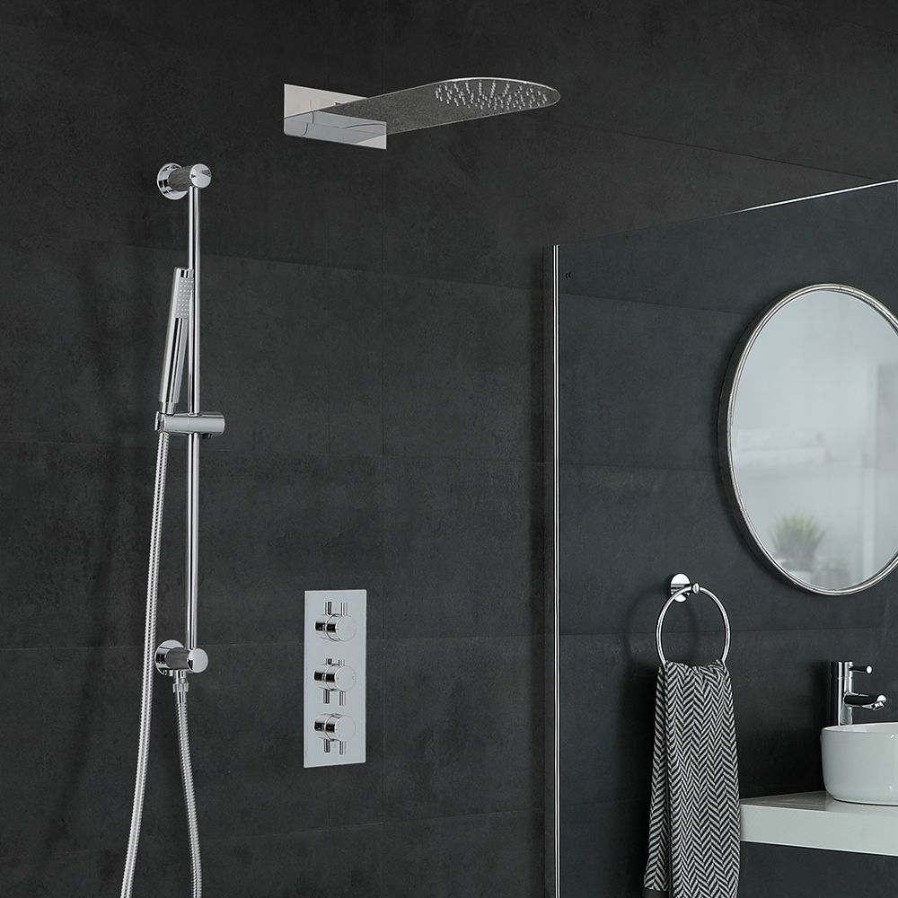 Rundes Dusch-Thermostat mit schmalem Duschkopf und Brausestangenset, Chrom - Como