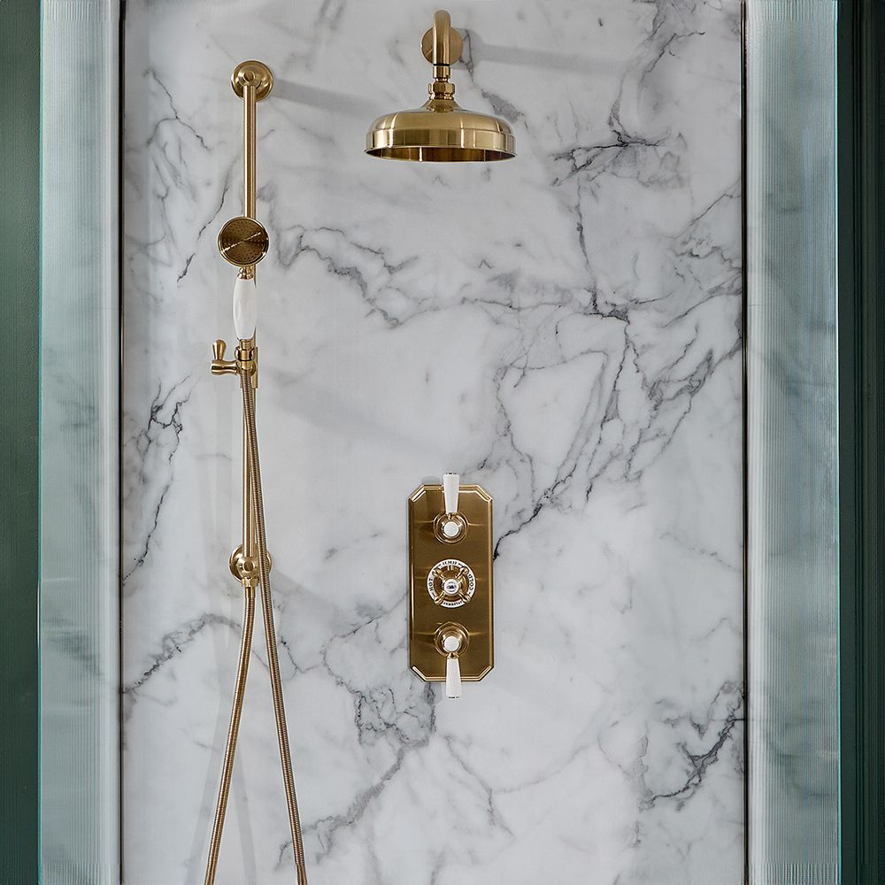 Retro Unterputz Duschsystem mit Thermostat, Wand-Duschkopf und Brausegarnitur - satiniertes Gold – Elizabeth
