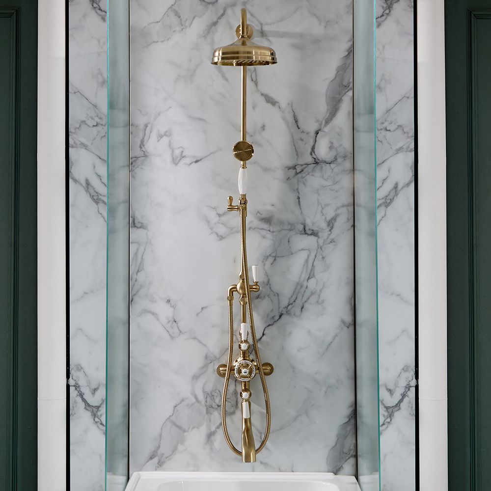 Hudson Reed Elizabeth - Duschsäule mit Aufputz-Thermostat - inkl. 194mm rundem Duschkopf, Handbrauseset und Wanneneinlauf - satiniertes Gold