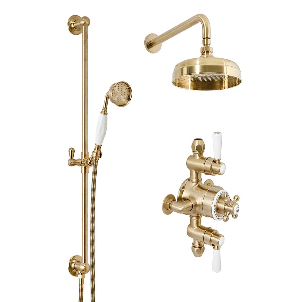 Retro Duschsäule mit Aufputz-Thermostat - inkl. 205mm rundem Duschkopf und Handbrauseset - satiniertes Gold – Elizabeth