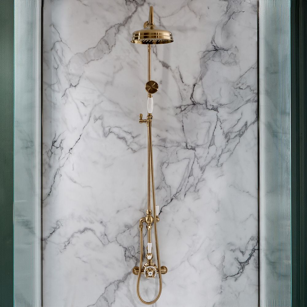 Hudson Reed Elizabeth - Duschsäule mit Aufputz-Thermostat - inkl. 194mm rundem Duschkopf und Handbrauseset - satiniertes Gold