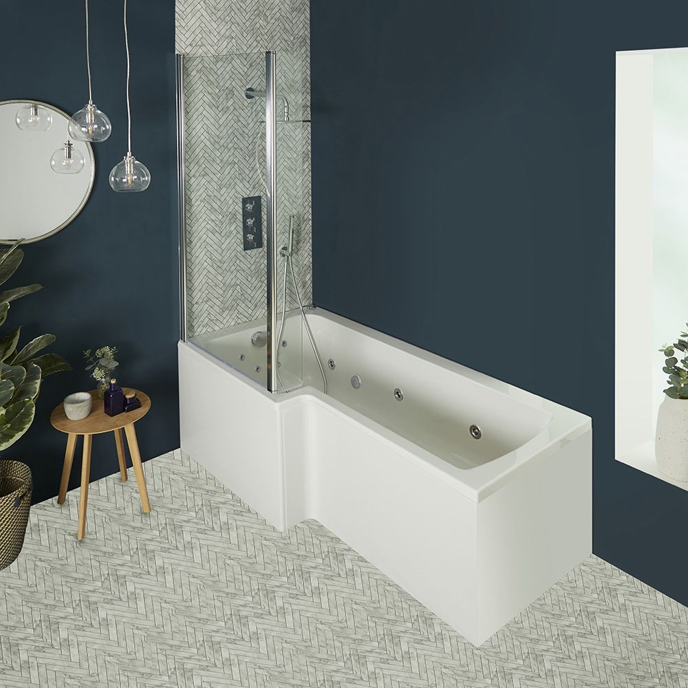 Whirlpool-Badewanne mit Aufsatz in Chrom - Größe, Schürze und Massagedüsen wählbar – Sandford