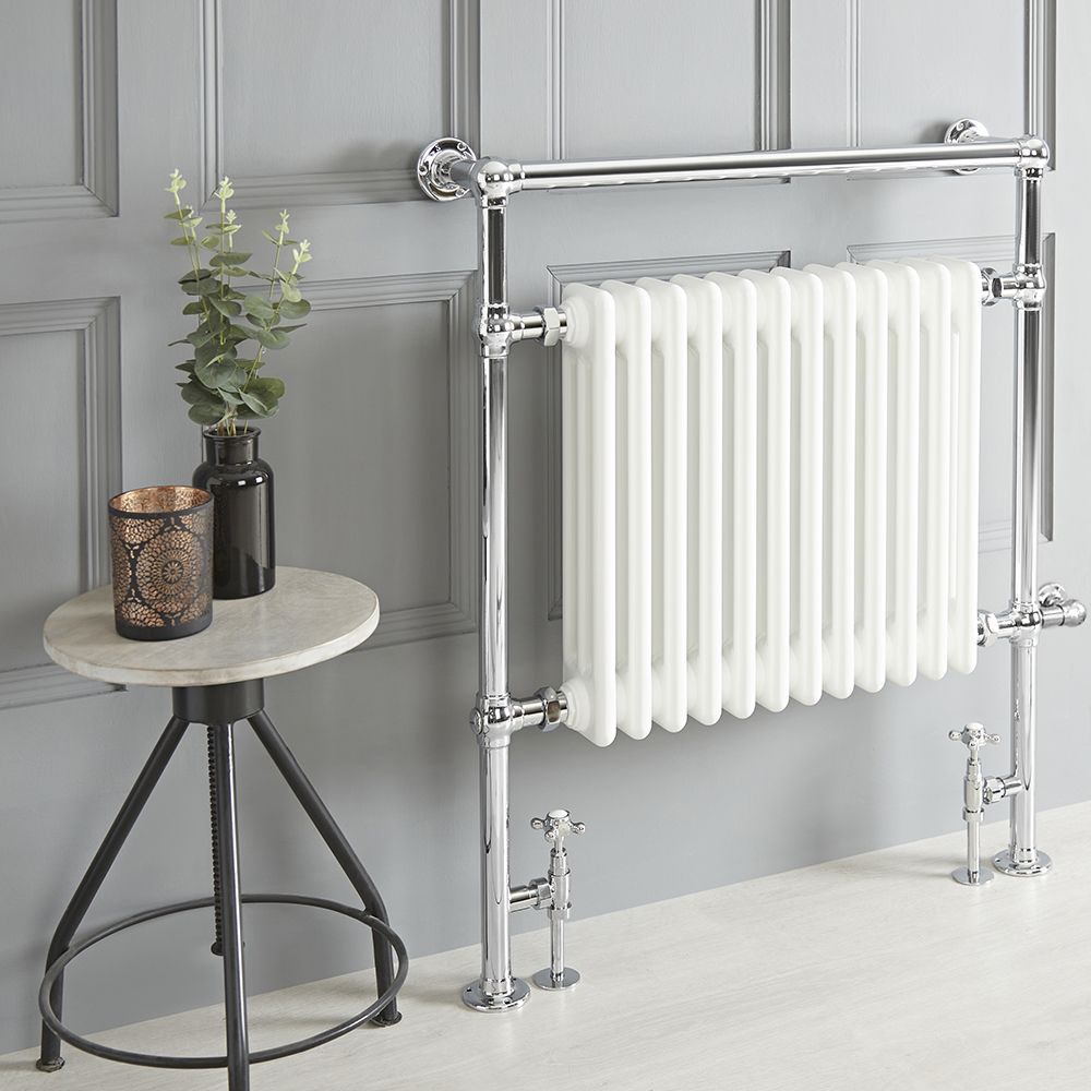 Retro-Badheizkörper, Mischbetrieb - 930mm x 790mm, WLAN-Thermostat und Kabelabdeckung wählbar – Chrom/Weiß – Elizabeth