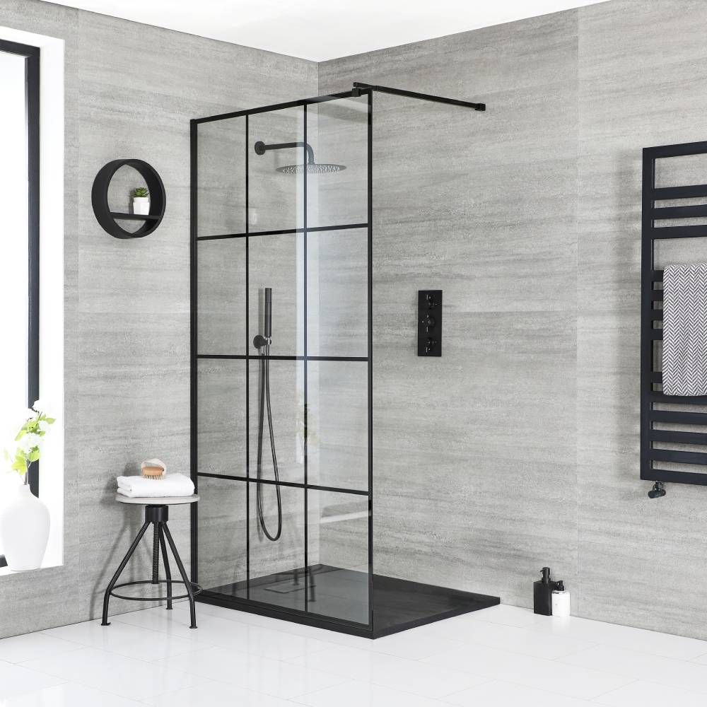 Walk-In Dusche mit Gittermuster - inkl. Duschwanne mit Schiefer-Effekt (Finish wählbar) – wählbare Größen – Barq
