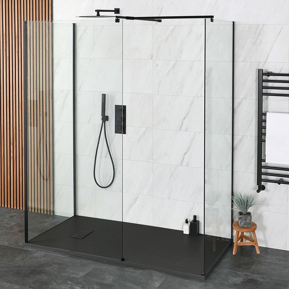 Walk-In Dusche mit 3 Seiten, Schwarz, inkl. Duschtasse in Schieferoptik, Größe und Farbe wählbar - Nox