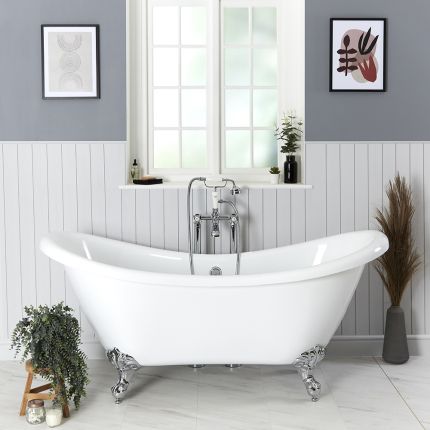 Freistehende Badewanne mit zwei erhöhten Rückenschrägen, 1750mm x 730mm | Weiß, Farbe der Füße wählbar – Oxford