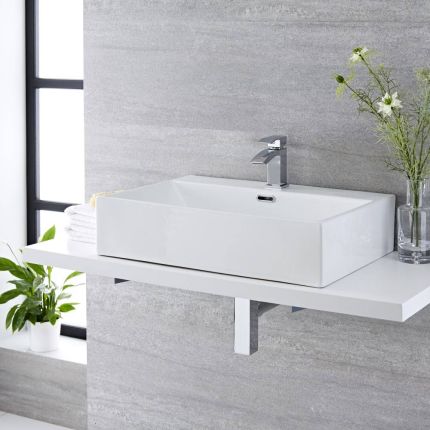 Aufsatzwaschbecken, rechteckig – 605mm x 430mm, mit 1 Hahnloch – Sandford