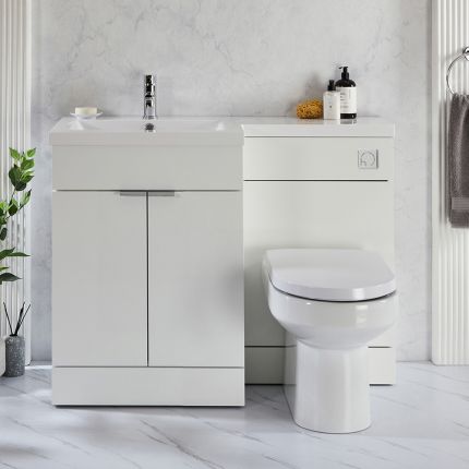 1105mm Waschtischunterschrank inkl. Waschbecken & Spülkastenverkleidung mit Covelly-WC | Farbe wählbar - Rechts- oder Linksbündig – Design und Farbe der Griffe wählbar - Cluo