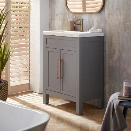 Waschtisch mit Unterschrank und Waschbecken, 600mm (Farbe wählbar) – Farbe und Design der Griffe wählbar – Warwick