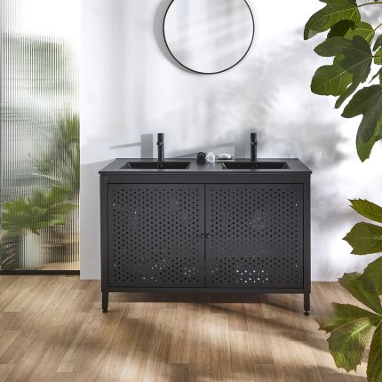 Waschtischunterschrank aus Metall in Schwarz 1210mm inkl. Elements-Doppelwaschbecken | Farbe des Waschbeckens wählbar - Beswick