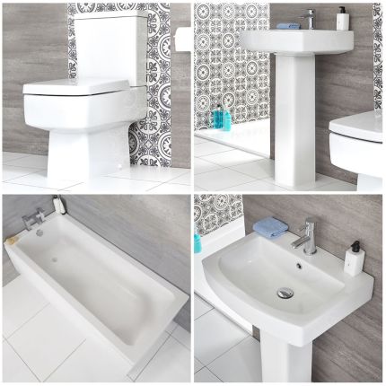 Säulenwaschbecken, WC mit aufgesetztem Spülkasten und Badewanne - Sandford