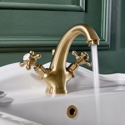Hudson Reed Elizabeth - 1-Loch Waschtischarmatur mit Zugstangen-Ablaufgarnitur, Kreuzgriffe - satiniertes Gold