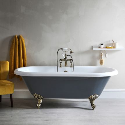 Freistehende Badewanne mit zwei Rückenschrägen, Steingrau, 1795mm x 785mm, Mittelablauf - Füße in gebürstetem Gold - Elton