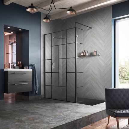 Walk-In Dusche mit abstraktem Gittermuster | Schwarz - inkl. Duschwanne mit Schiefer-Effekt (Finish wählbar) – Größe und Seitenpaneel wählbar – Hudson Reed
